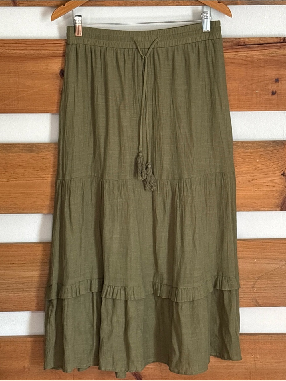 AGB Maxi Drawstring Long Elastic Waist w/Drawstring Olive Green Skirt Size M